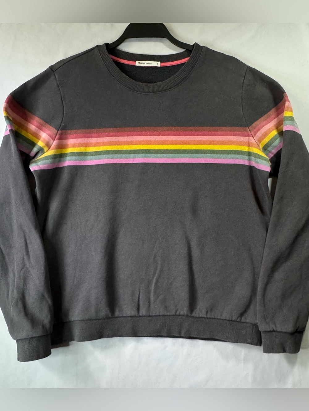 Marine Layer Women’s S Gray Crewneck Sweatshirt with Rainbow Stripes
